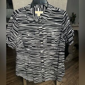 Michael Kors Button Up Shirt Women Black White Zebra Print Short Sleeve size 14